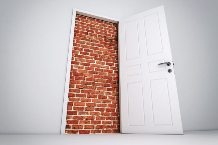 Baufehler vermeiden: Backsteinmauer mit einer Tür, die direkt ins Nichts führt – Sinnbild für eine bauliche Sackgasse oder Planungsfehler.